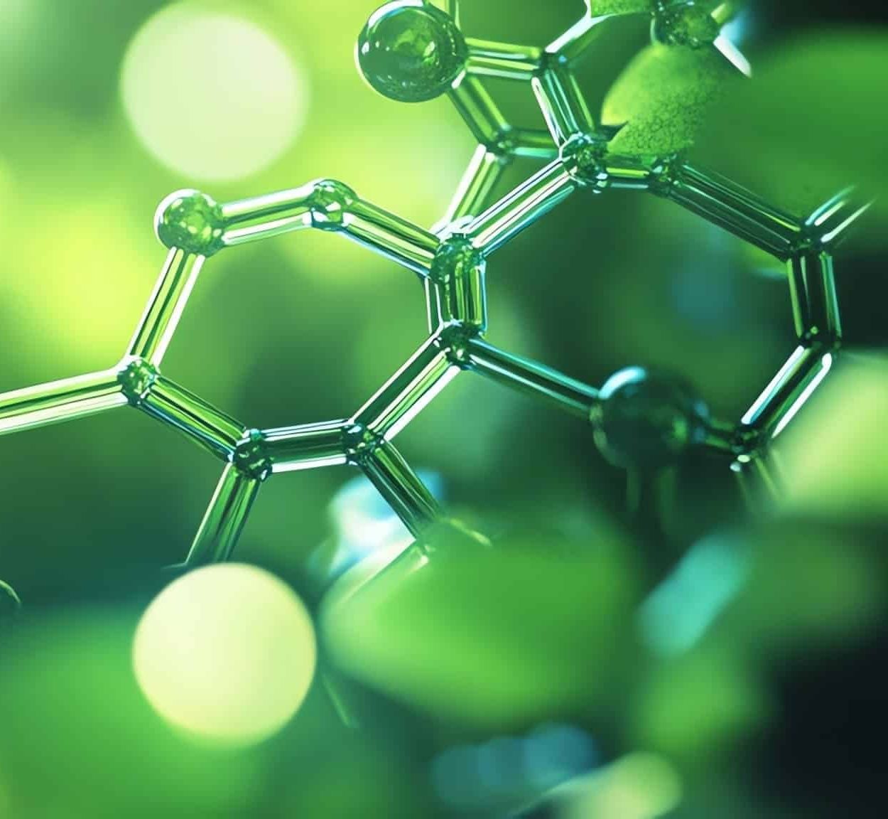 Green molecular structure with blurred, light-filled background.