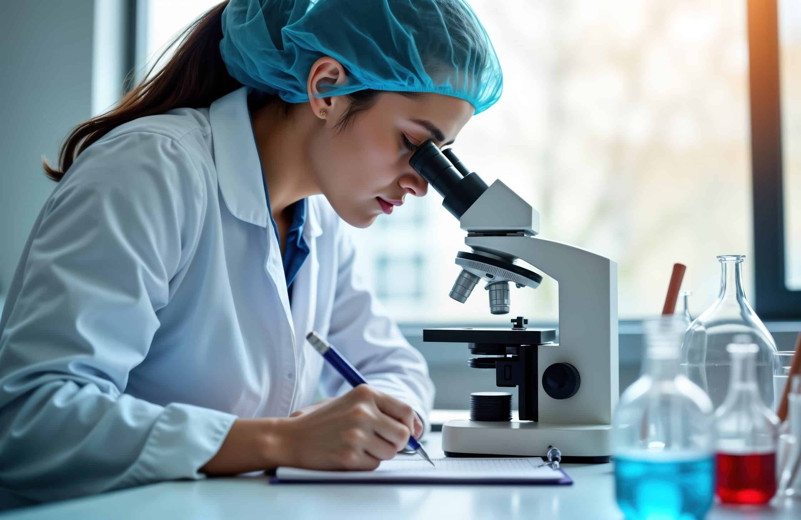 Scientist wearing goggles and gloves using a pipette with yellow liquid in a lab.