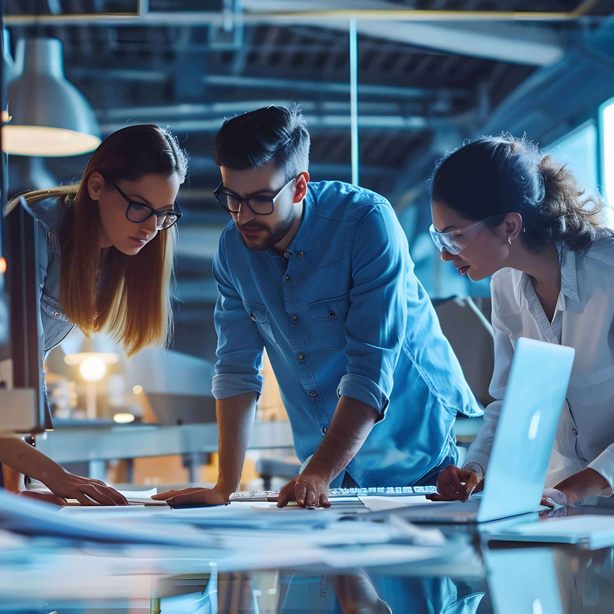 IntegratingAI Three people collaborating over documents in a modern office setting.