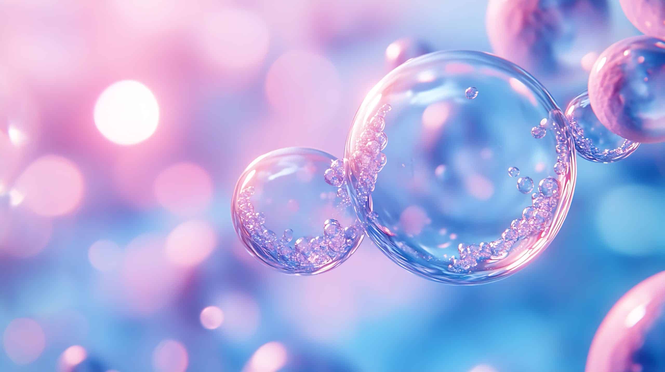 AdobeStock_956551138 (1) Close-up of sparkling bubbles in pink and blue light.