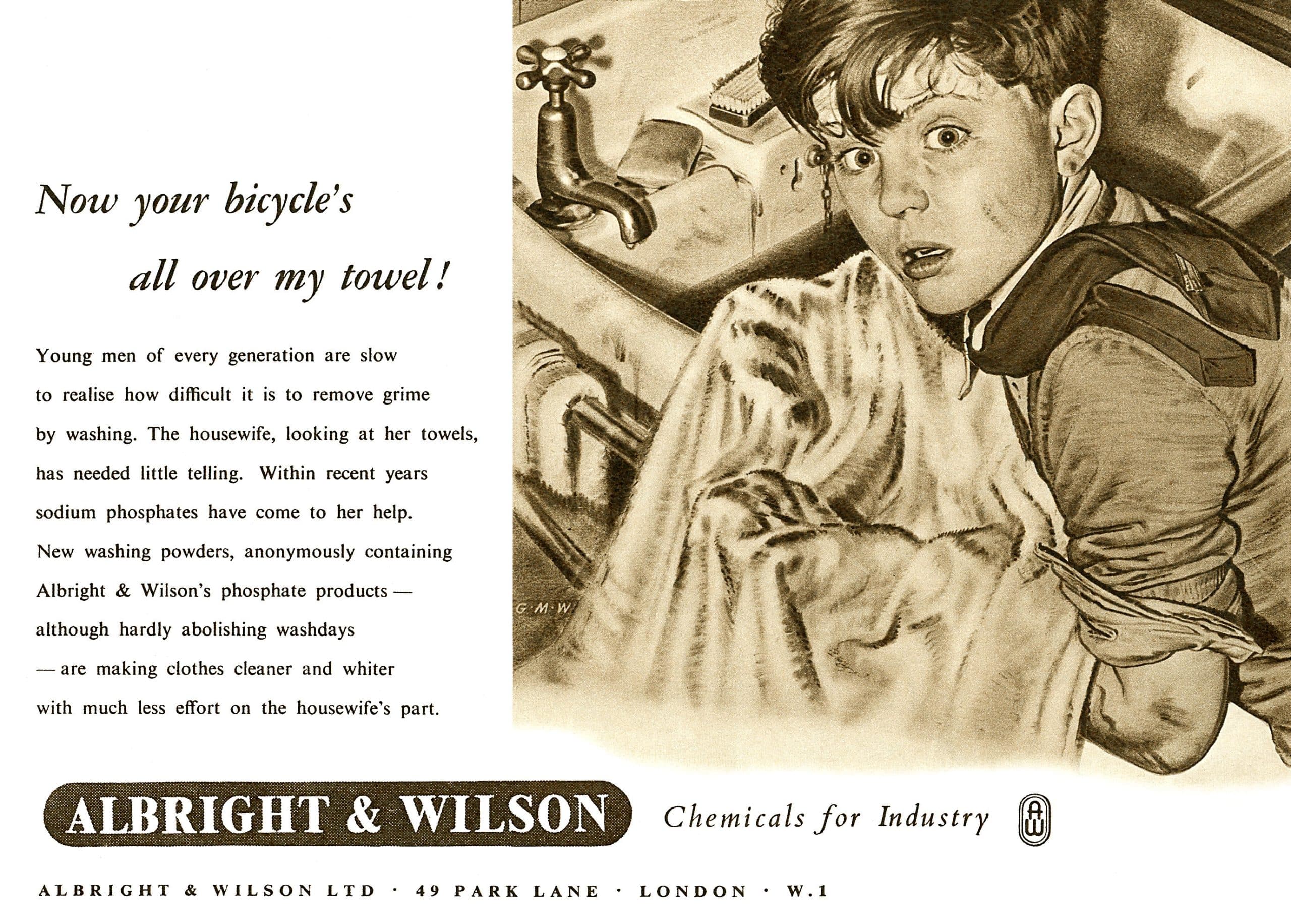 1953 British advertisement for chemicals company Albright & Wilson. Scientist wearing goggles and gloves using a pipette with yellow liquid in a lab.